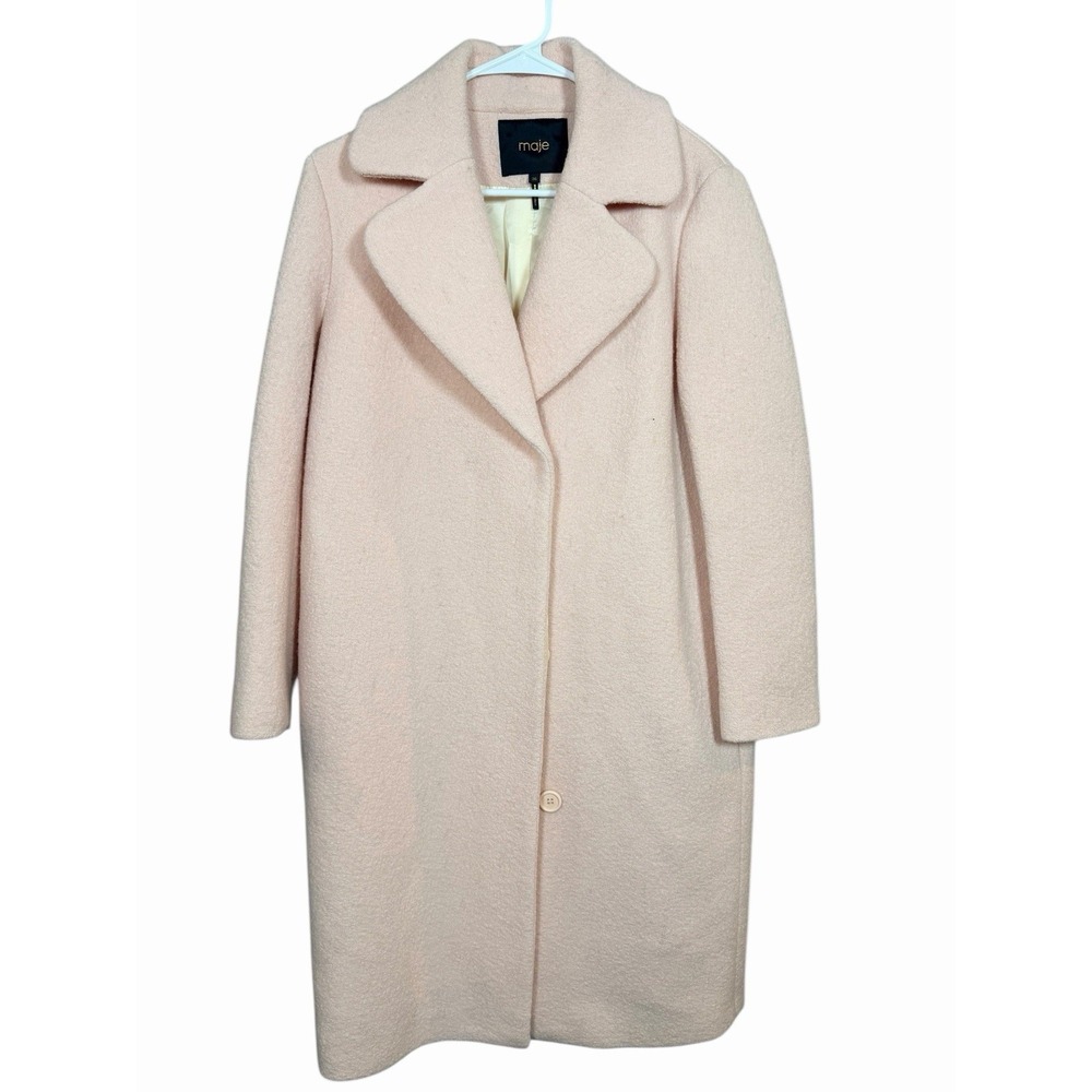Maje Paris 36/4 Pink Wool Coat Boucle Long Jacket Minimalist Soft Blush Lined - Picture 2 of 16